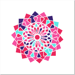 Digital mandala with geometric repeated shapes in random bright neon colors Posters and Art